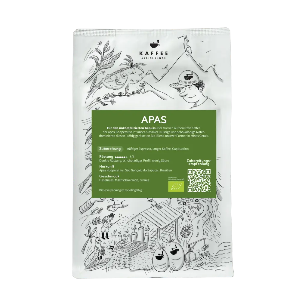 Unser Kaffee "APAS" Vorderansicht mit Label