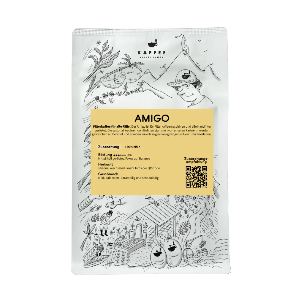 Unser Kaffee "Amigo" Vorderansicht mit Label