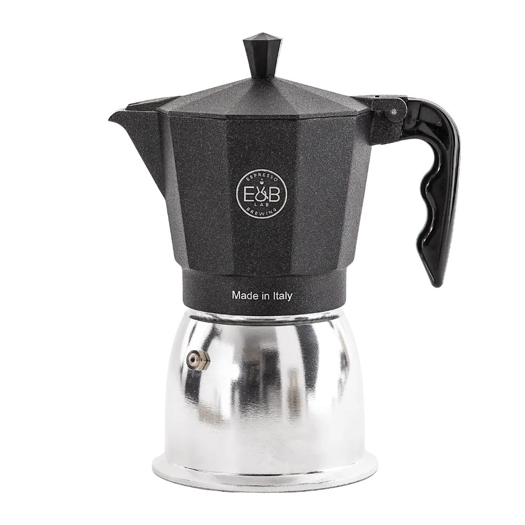 E&B Lab Mokapot in Schwarz mit glänzendem Edelstahlboden für 6 Tassen, italienische Espressokanne mit ergonomischem Griff und klassischem achteckigem Design mit der Aufschrift "Made in Italy"