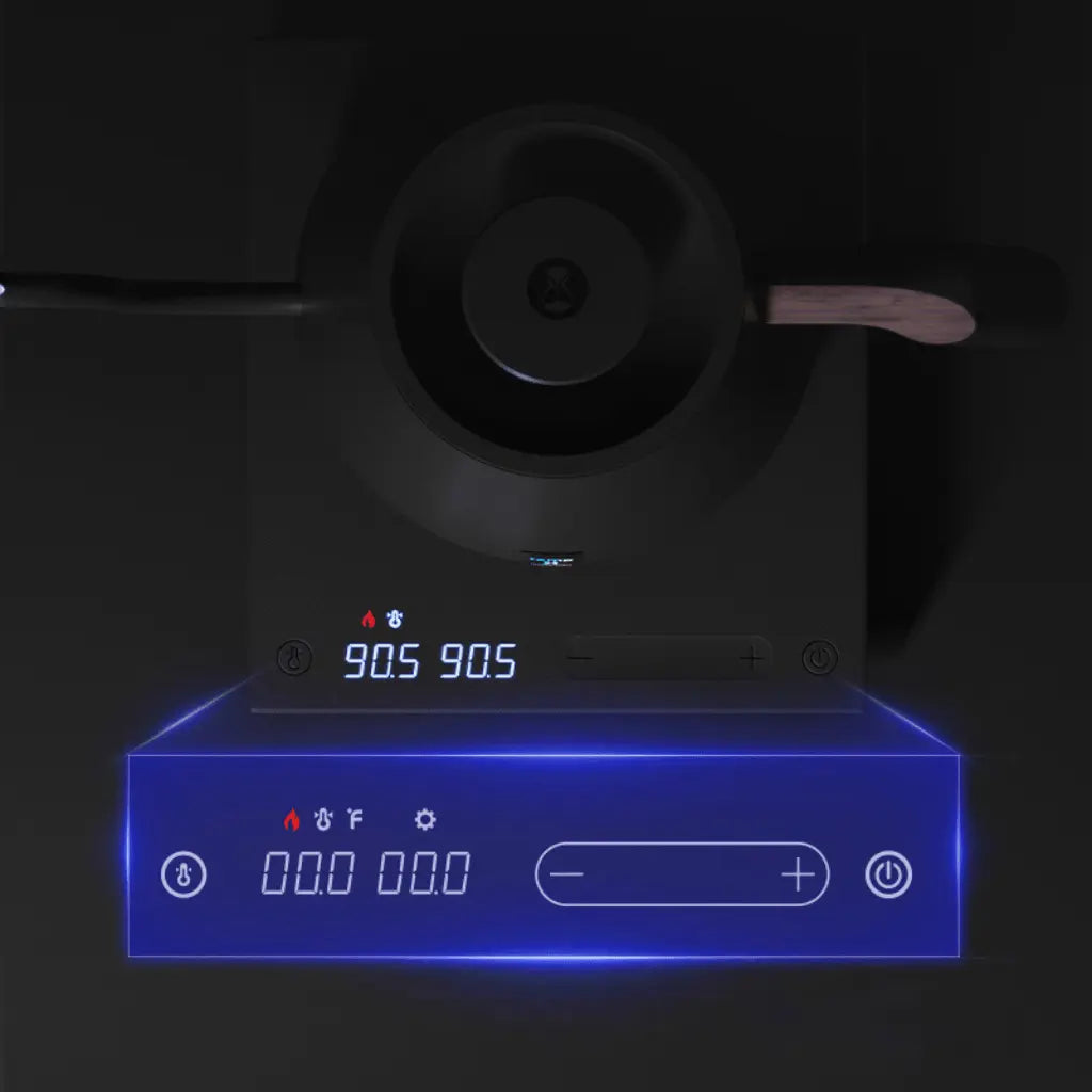 Oberansicht des Timemore Fish Pro X mit beleuchtetem Grooveboard und Temperaturanzeige.