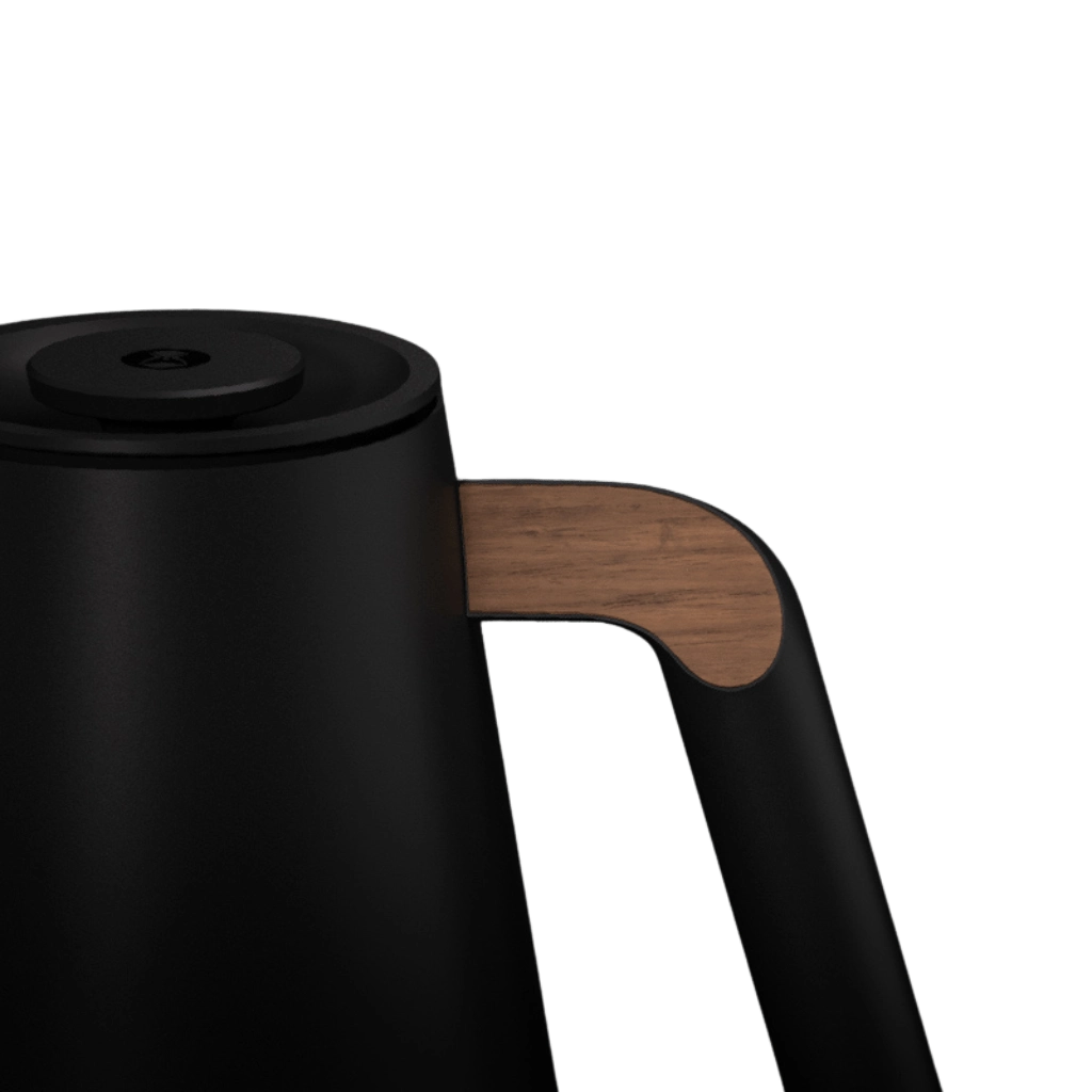 Detailansicht des Holzgriffs des Timemore Fish Pro X Wasserkochers.