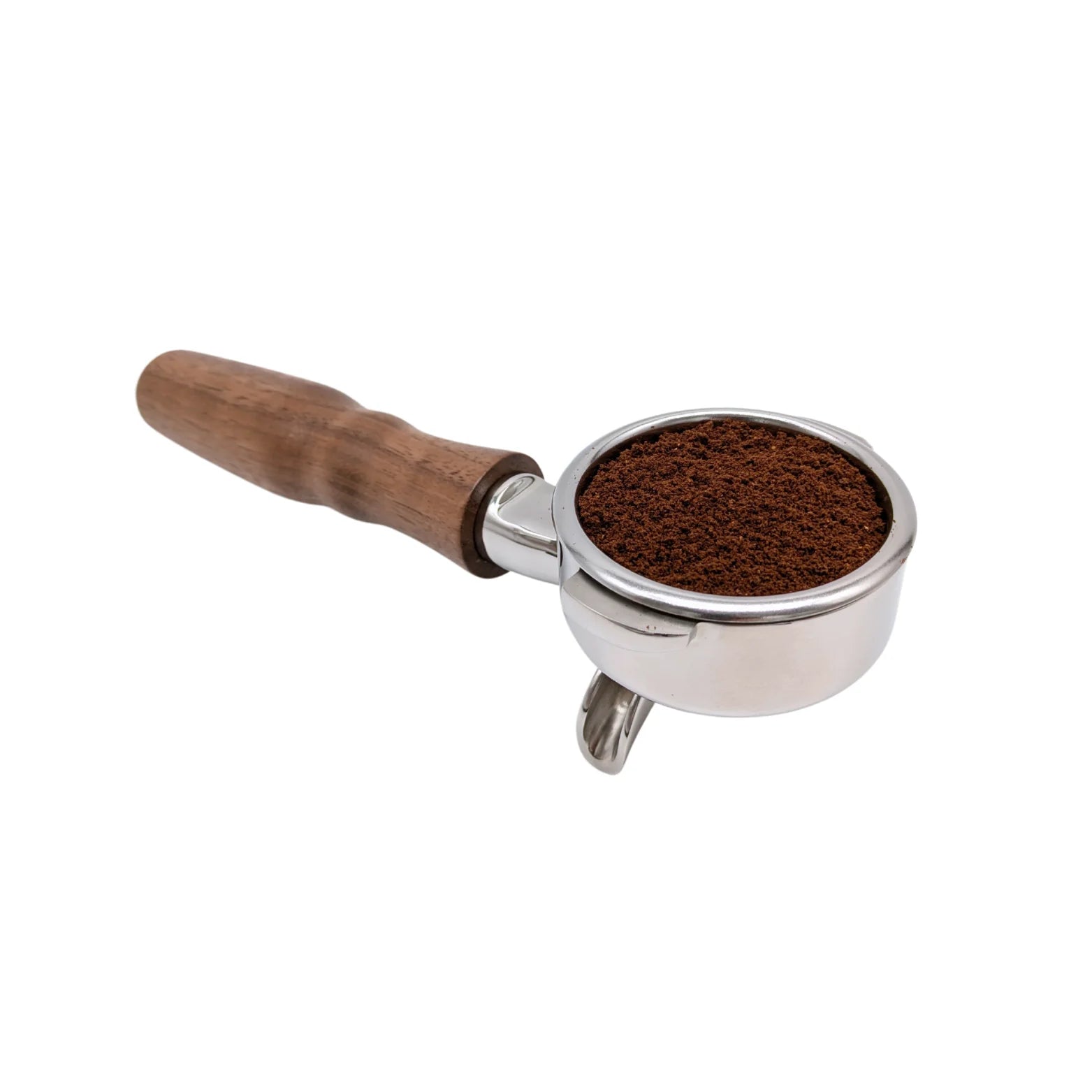 Siebträger mit Doppelauslauf und Walnussgriff, mit Kaffee
