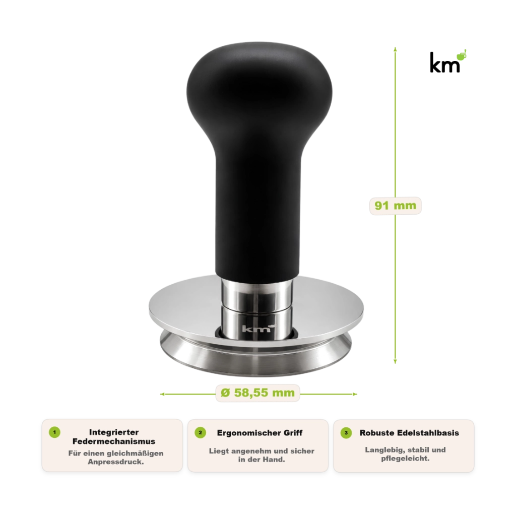 Kaffeemacher Profi-Drucktamper 58,55 mm in Schwarz mit 91 mm Höhe, integriertem Federmechanismus, ergonomischem Griff und Edelstahlbasis